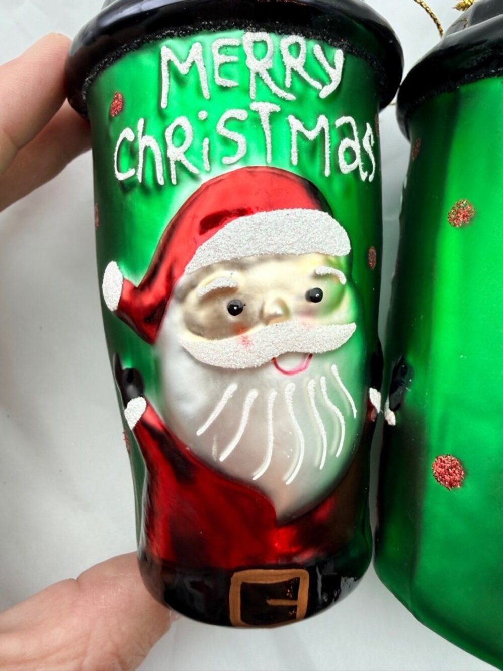 Macy's Glass Ornaments Holiday Lane 2019 Santa Christmas Green Coffee Cup -2 - Picture 3 of 9